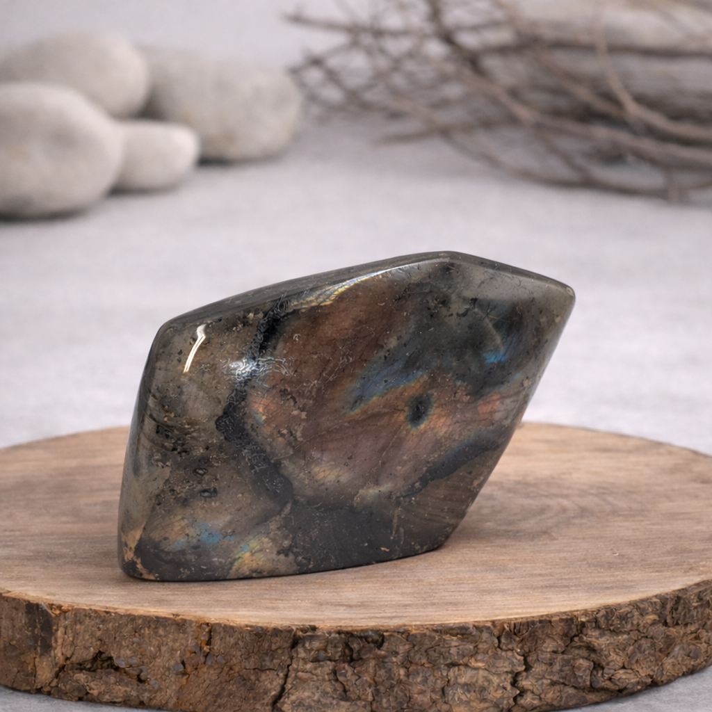 Forme libre Labradorite, référence LAB01 de 343g, qualité AA, pierre de protection et d'intuition.