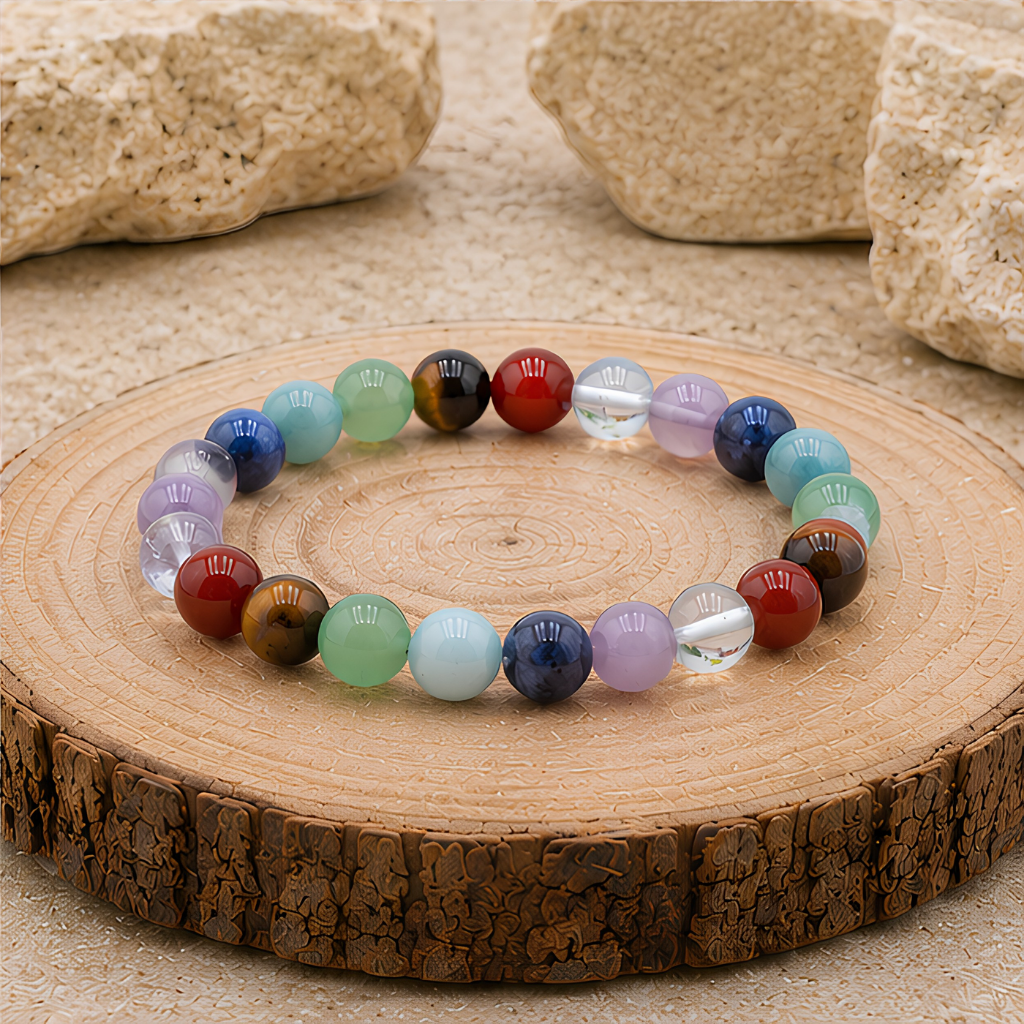 Bracelet en 7 chakras naturelle, perles 8 mm, présentation du produit