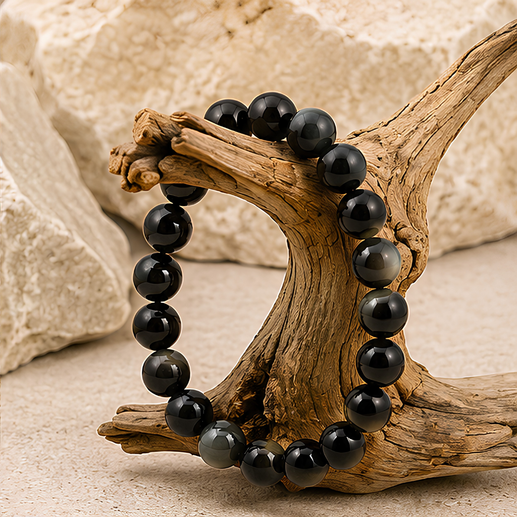 Bracelet en perles d’obsidienne œil céleste naturelle, 08 mm, vue rapprochée