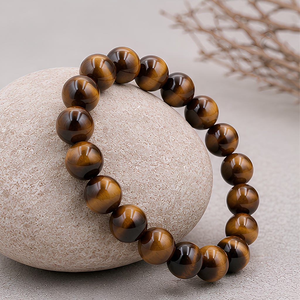 Bracelet en œil de tigre naturelle, perles 8 mm, vue rapprochée