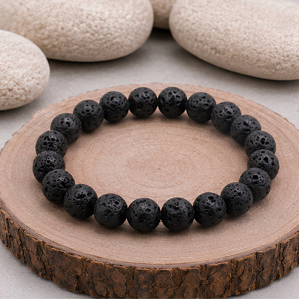 Bracelet en pierre de lave naturelle, perles 8 mm, présentation du produit