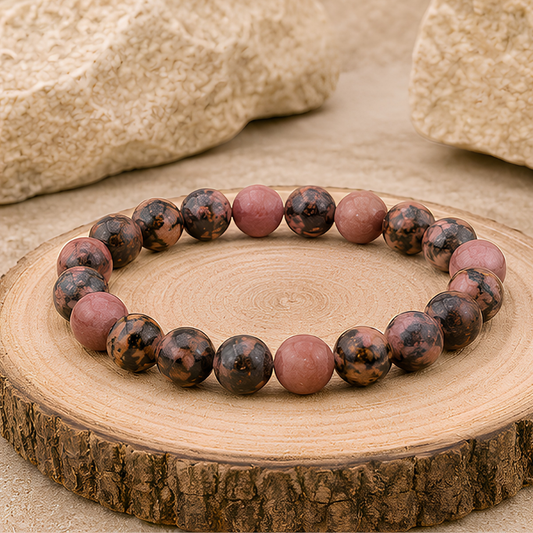Bracelet en perles de rhodonite naturelle, 08 mm, vue rapprochée