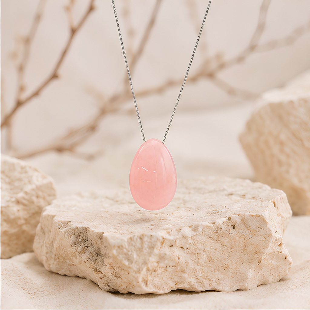 Pendentif en quartz rose avec chaîne en acier inoxydable, présentation du produit