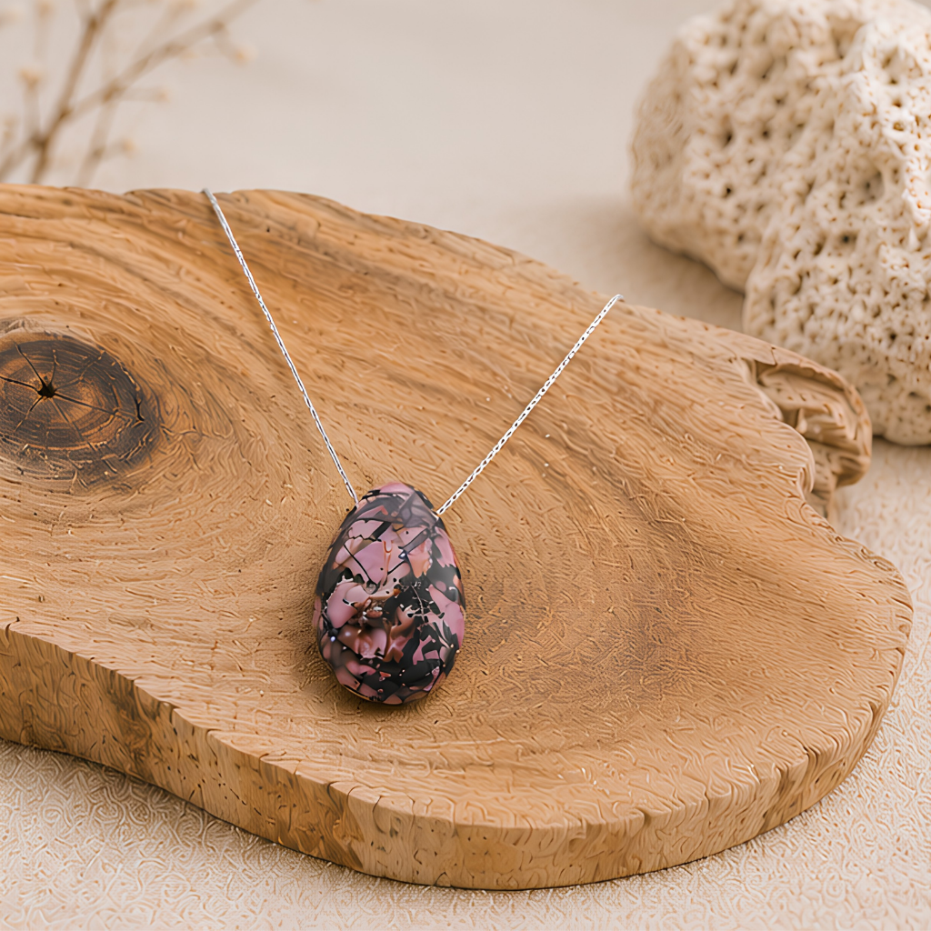 Pendentif en pierre percée de rhodonite naturelle, présentation du produit