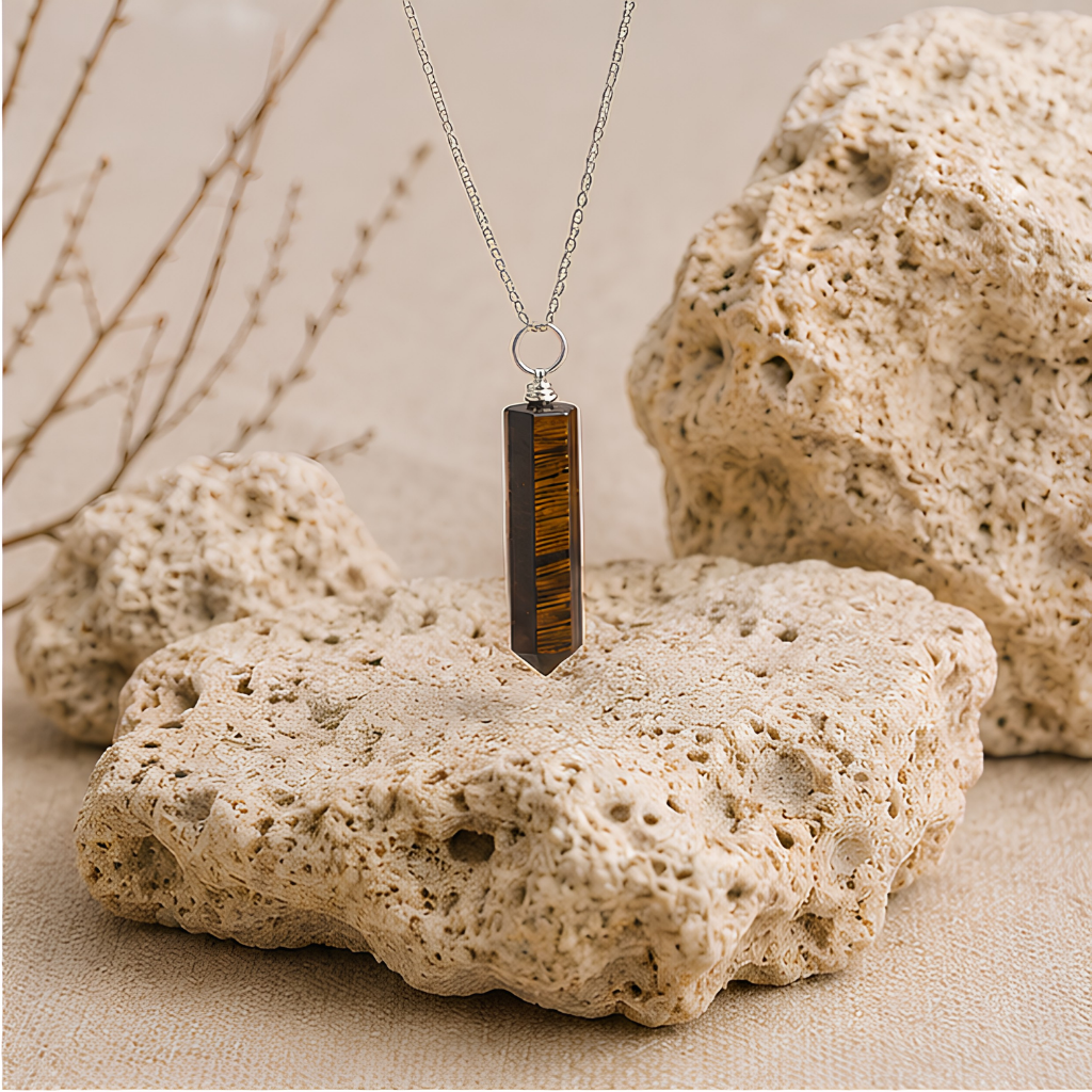 Pendentif en œil de tigre forme pointe avec chaîne en acier inoxydable, présentation du produit