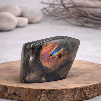 Forme libre Labradorite, référence LAB01 de 343g, qualité AA, pierre de protection et d'intuition.