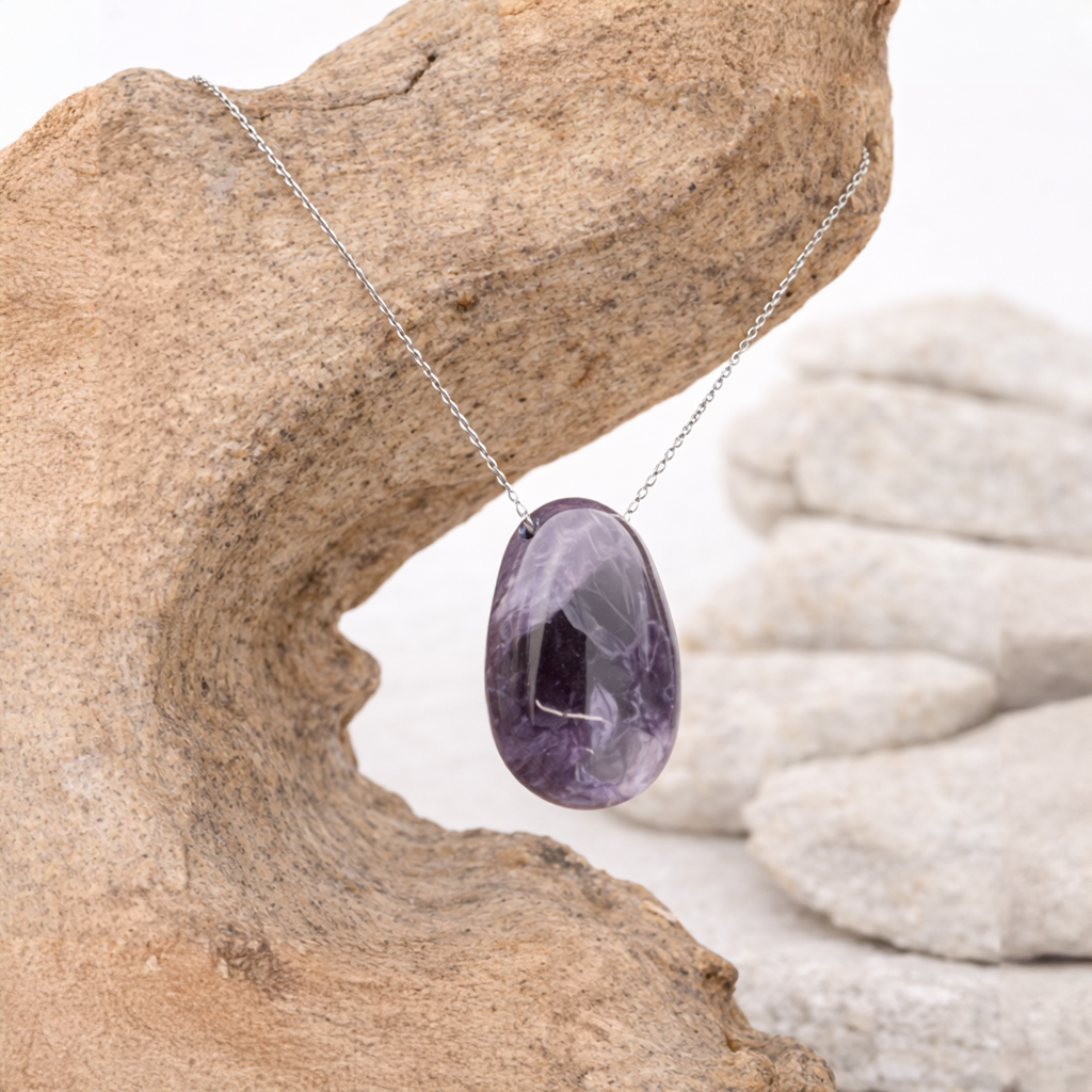 Pendentif pierre percée en Améthyste rubanée, qualité A, pierre de sagesse et d'élévation spirituelle.