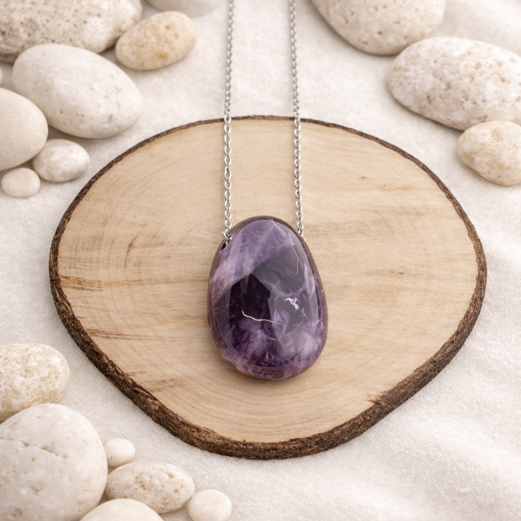 Pendentif pierre percée en Améthyste rubanée, qualité A, pierre de sagesse et d'élévation spirituelle.