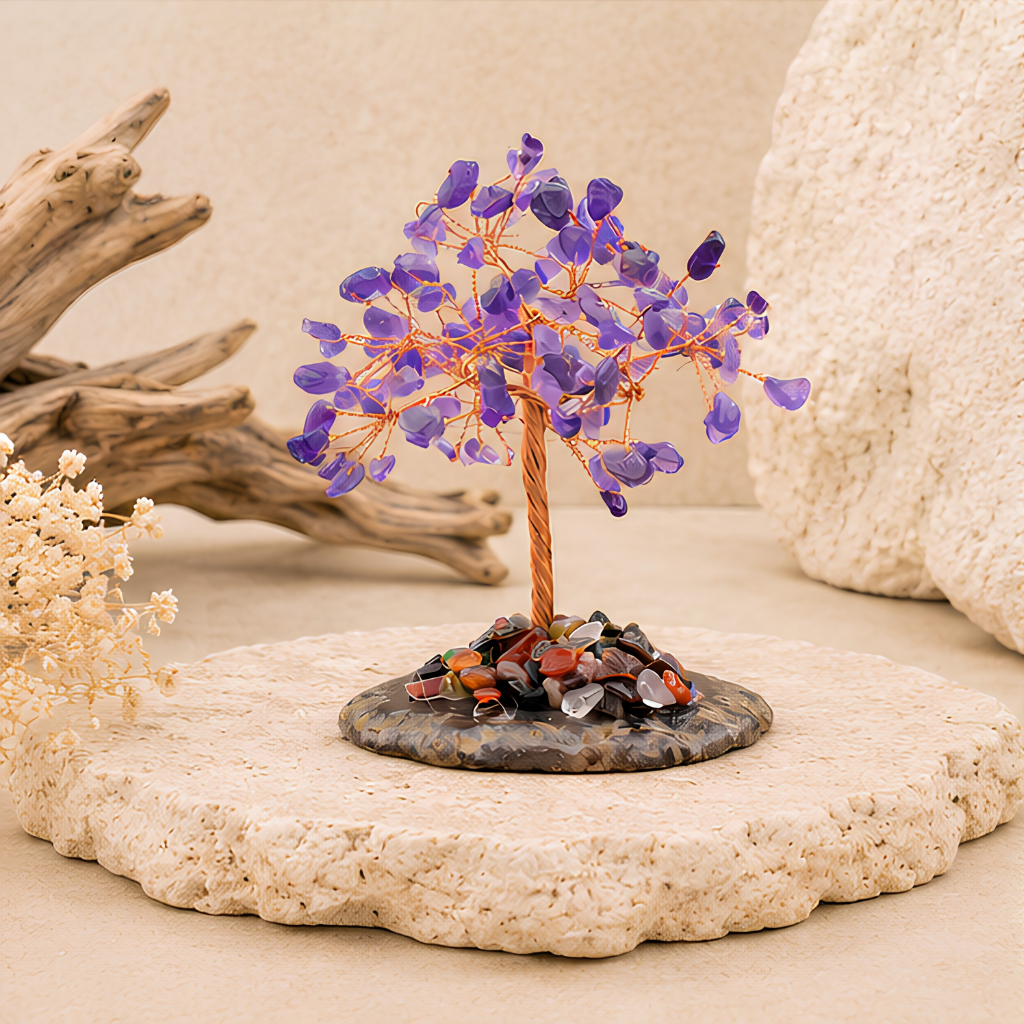 Petit arbre décoratif en pierres de améthyste, vue rapprochée