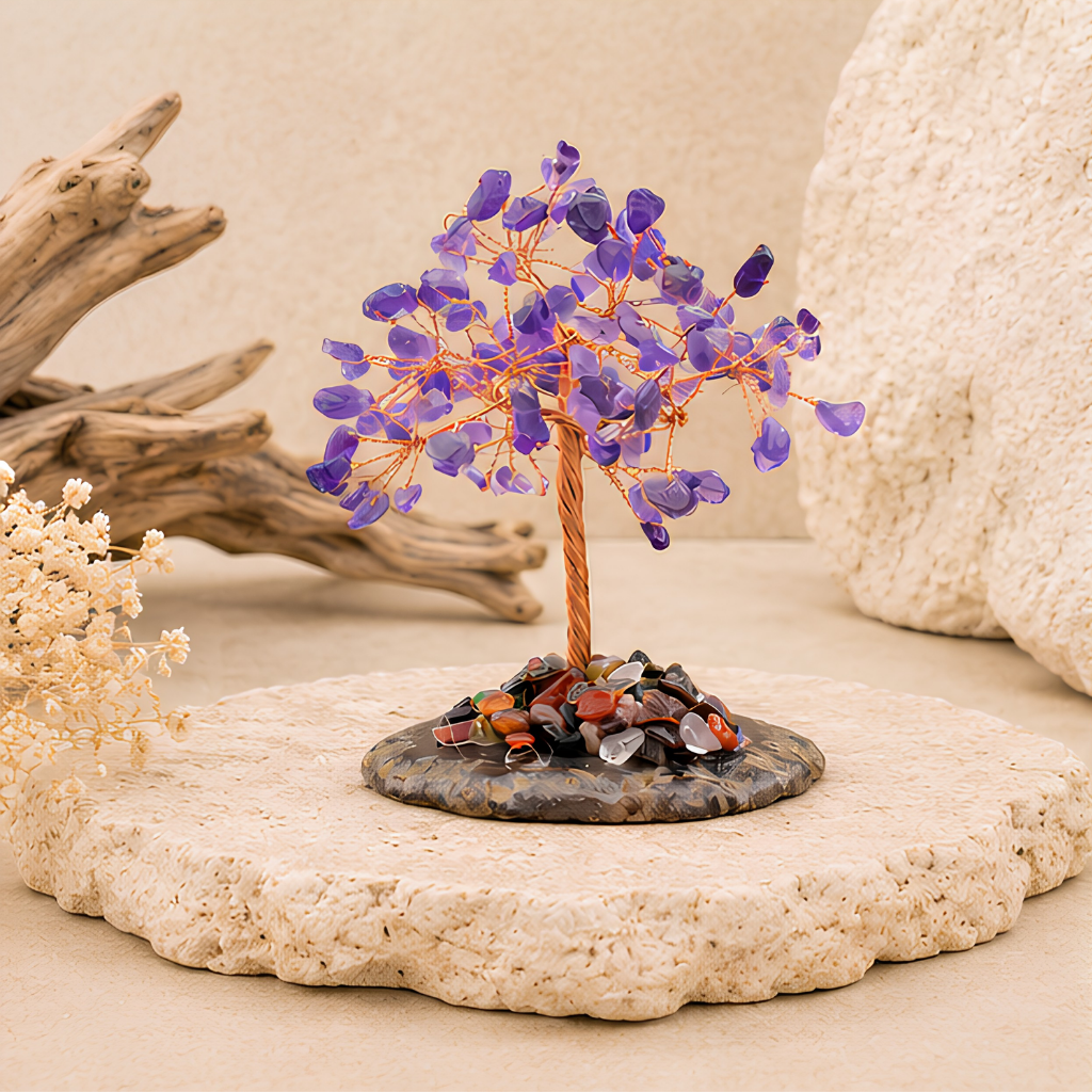 Petit arbre décoratif en pierres de améthyste, présentation du produit