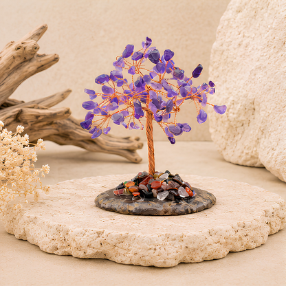Petit arbre décoratif en pierres de améthyste, présentation du produit
