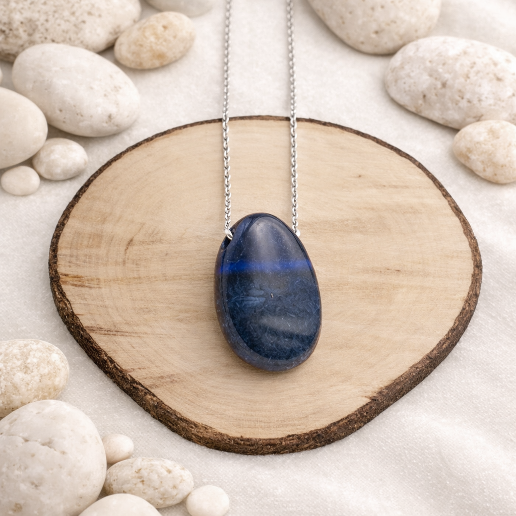 Pendentif pierre percée en Aventurine bleue, qualité A, pierre de sérénité et de clarté mentale.