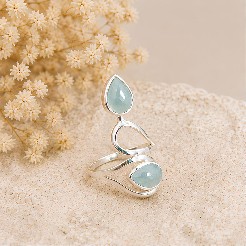 Bague réglable en argent 925 et Aigue-marine naturelle de Namibie