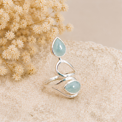 Bague réglable en argent 925 et Aigue-marine naturelle de Namibie
