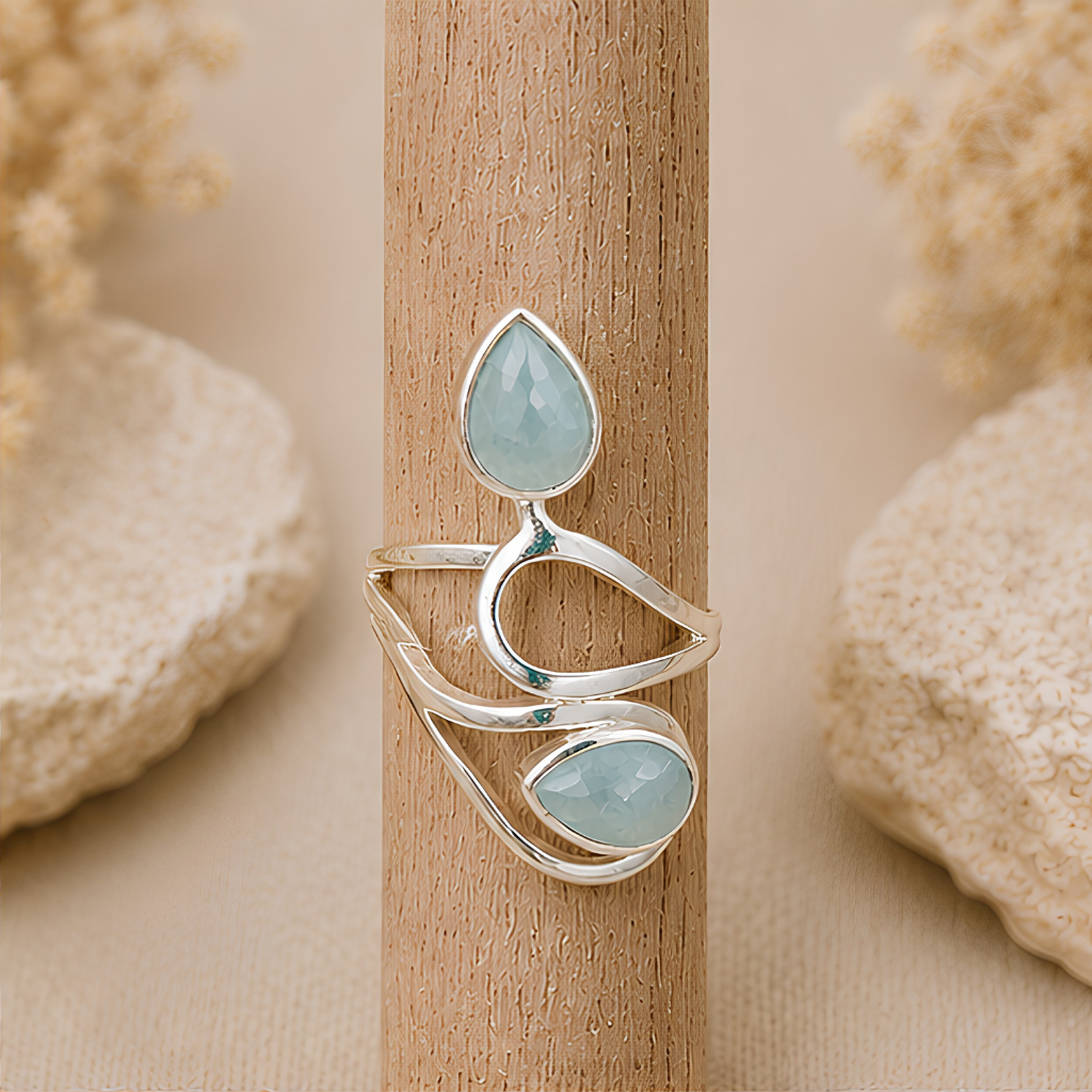 Bague Aigue-marine pierre naturelle en argent 925 réglable modèle 02