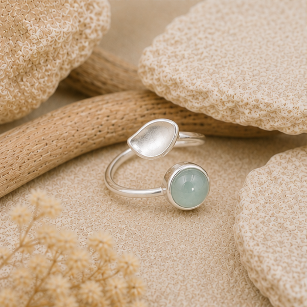 Bague réglable en argent 925 et Aigue-marine naturelle du Brésil modèle 03