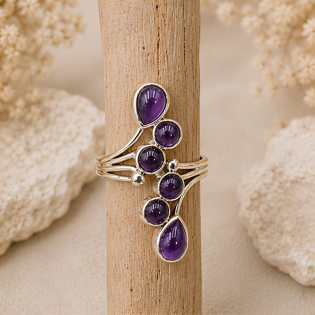 Bague réglable en argent 925 et Améthyste naturelle du Brésil