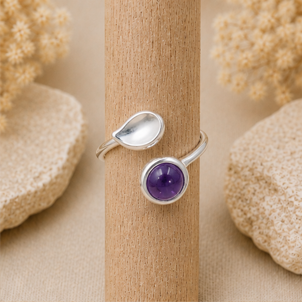 Bague réglable en argent 925 et Améthyste naturelle du Brésil modèle 03