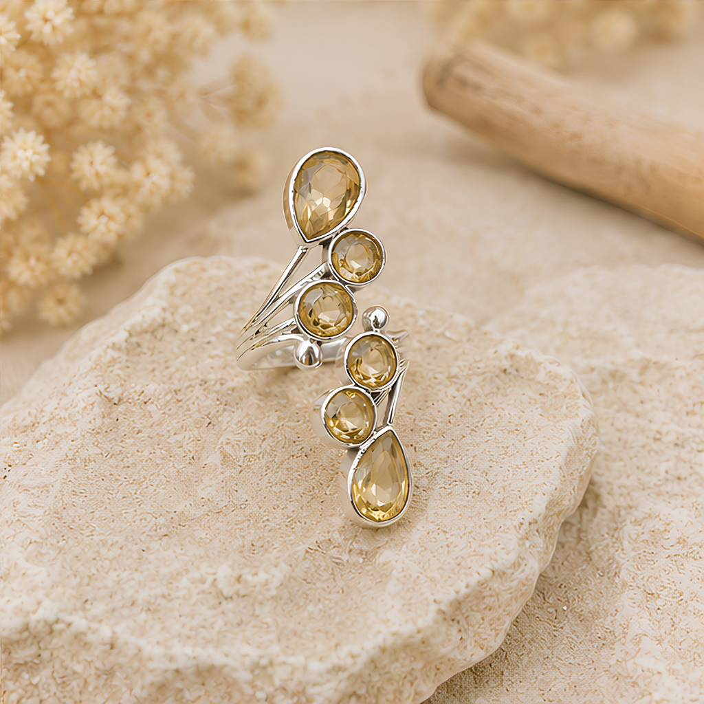 Bague Citrine naturelle facettée en argent 925 réglable modèle 01