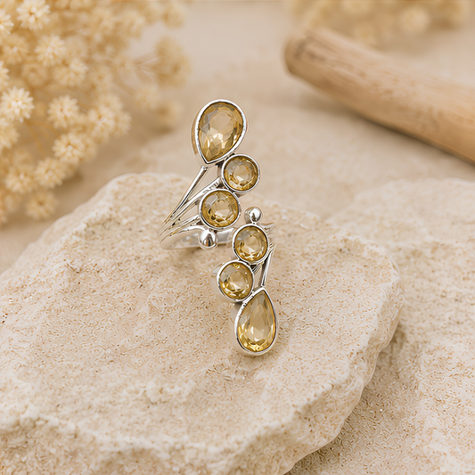 Bague Citrine naturelle facettée en argent 925 réglable modèle 01