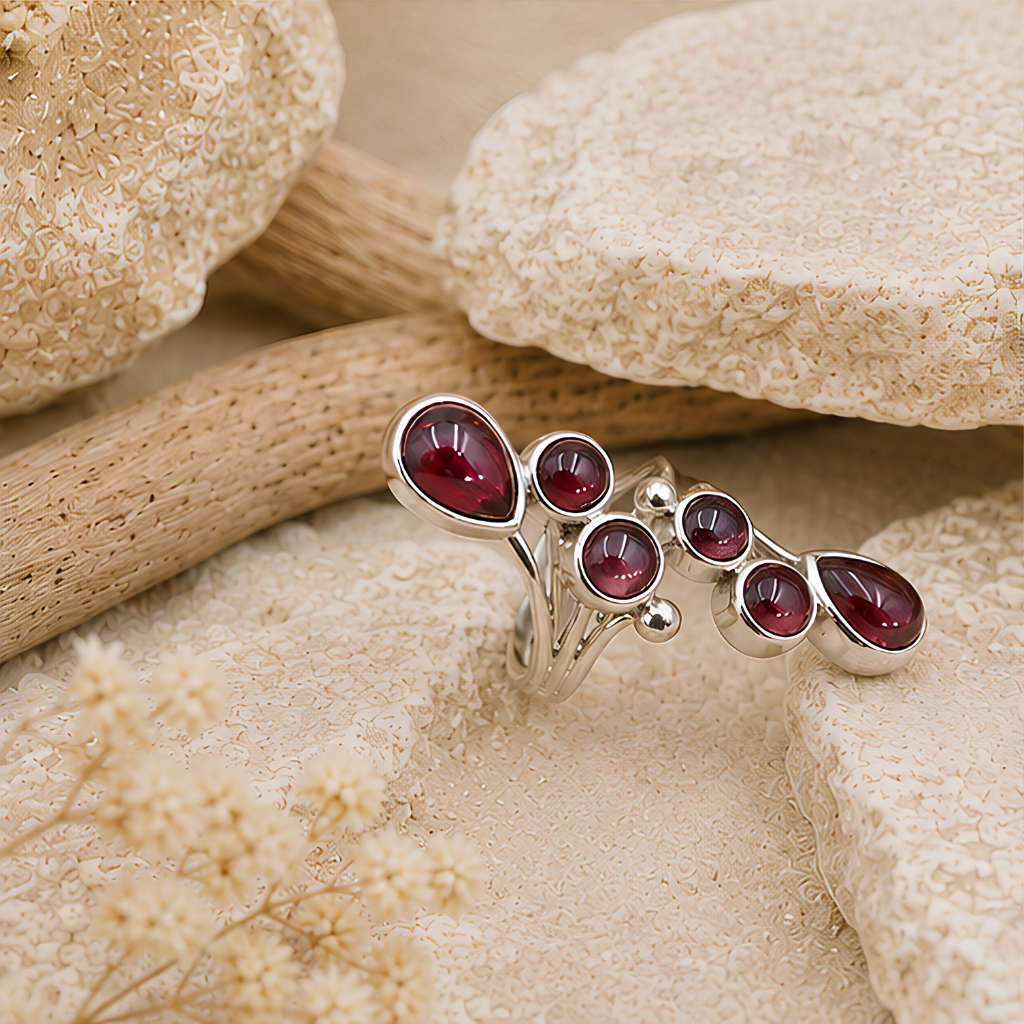 Bague réglable en argent 925 et Grenat rhodolite naturel d'Éthiopie