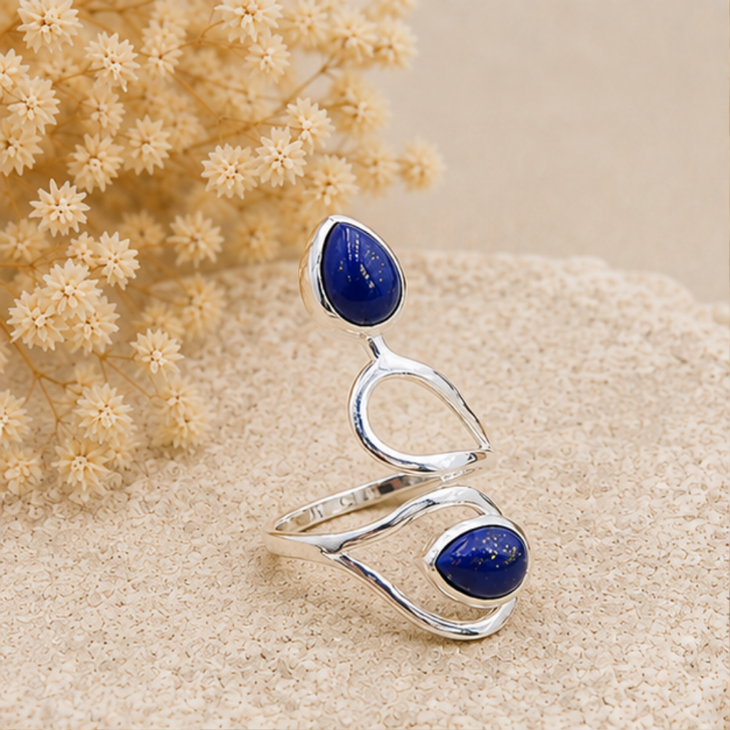 Bague réglable en argent 925 et Lapis-lazuli naturel d'Afghanistan modèle 02