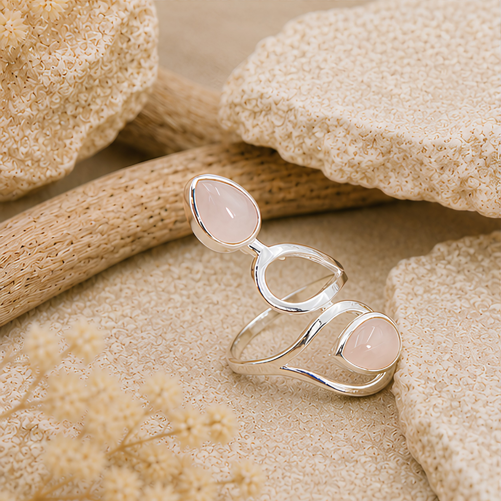 Bague pierre Quartz rose naturelle sur monture en argent 925