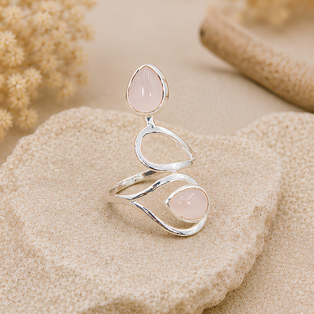 Bague Quartz rose pierre naturelle en argent 925 réglable modèle 02