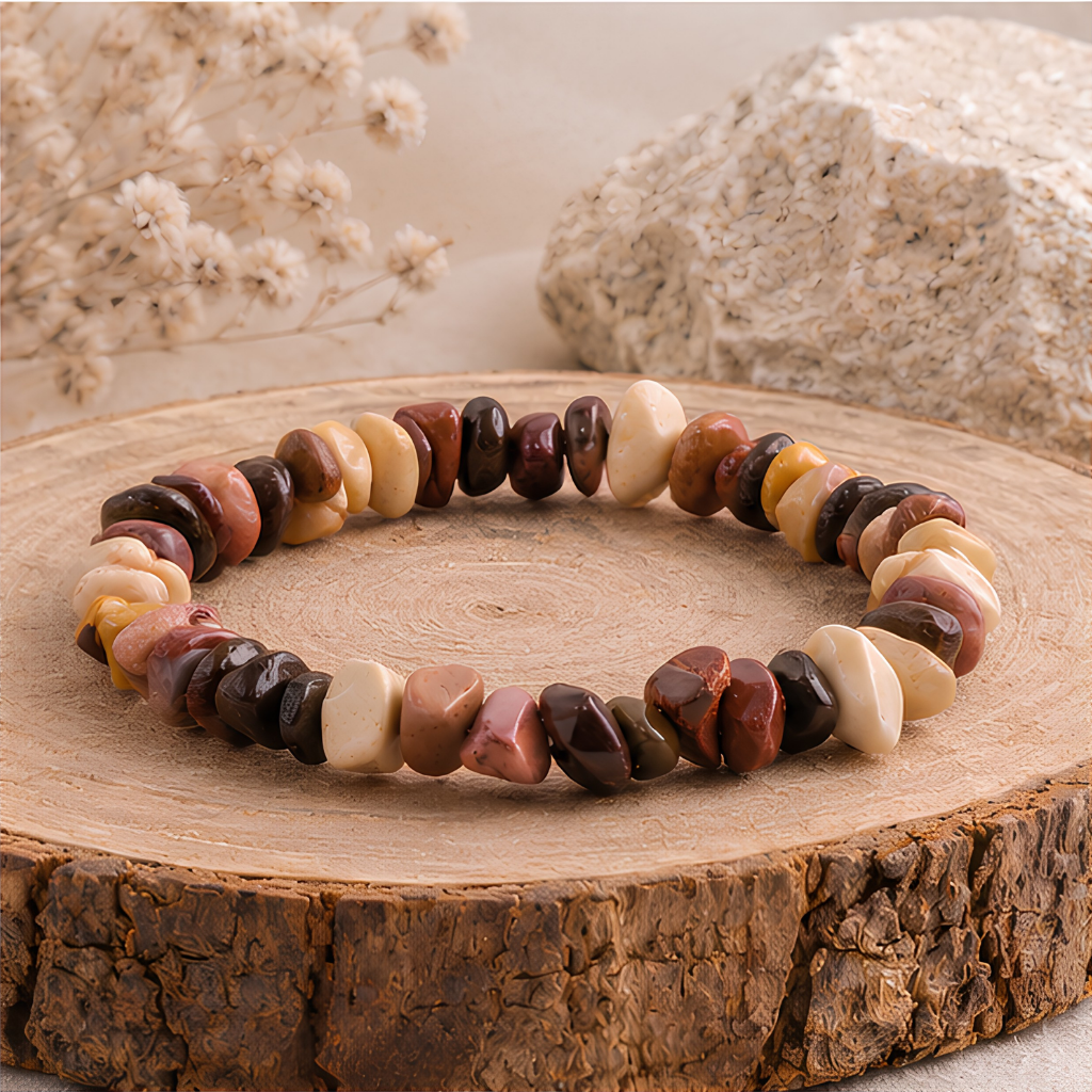 Bracelet baroque en jaspe mokaïte naturelle, vue rapprochée