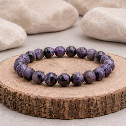 Bracelet en charoïte naturelle, perles 8 mm, présentation du produit