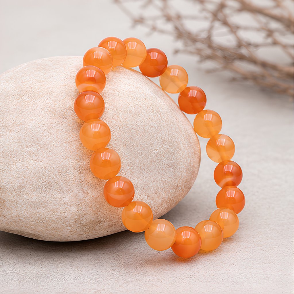 Bracelet en cornaline naturelle, perles 8 mm, vue rapprochée