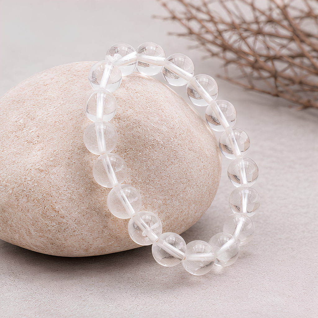 Bracelet en cristal de roche naturelle, perles 8 mm, vue rapprochée