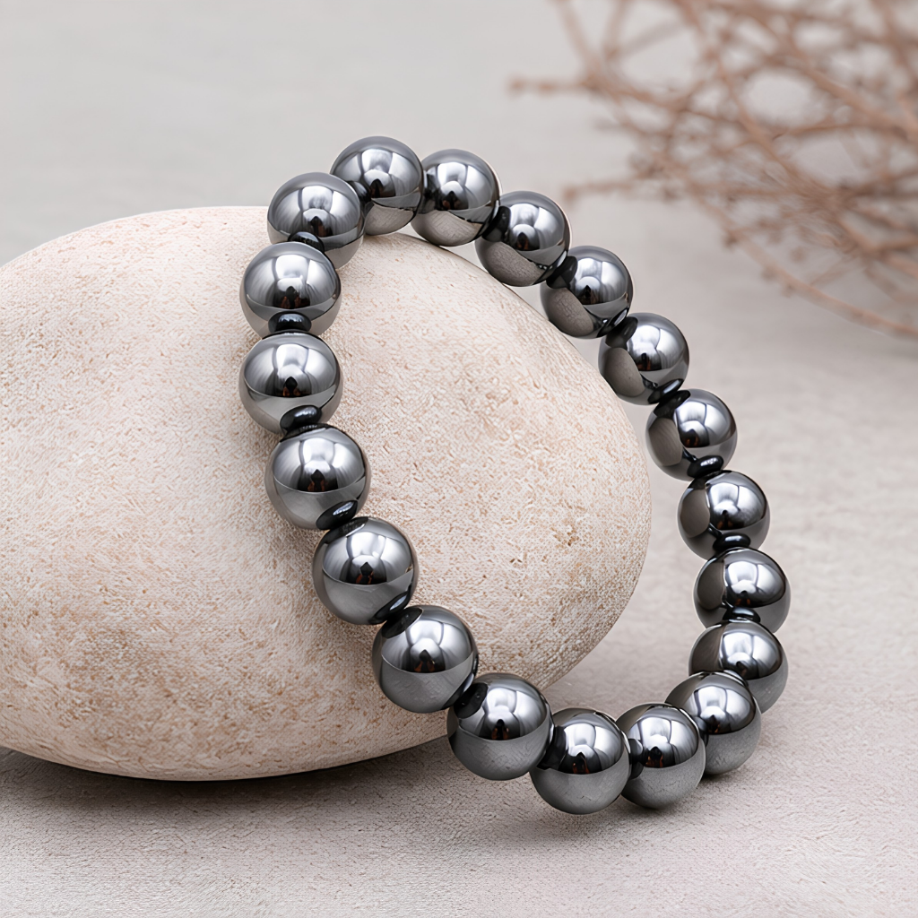 Bracelet en hématite naturelle, perles 8 mm, vue rapprochée