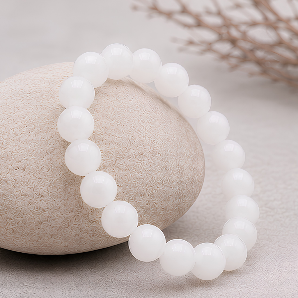 Bracelet en jade blanc naturelle, perles 8 mm, vue rapprochée