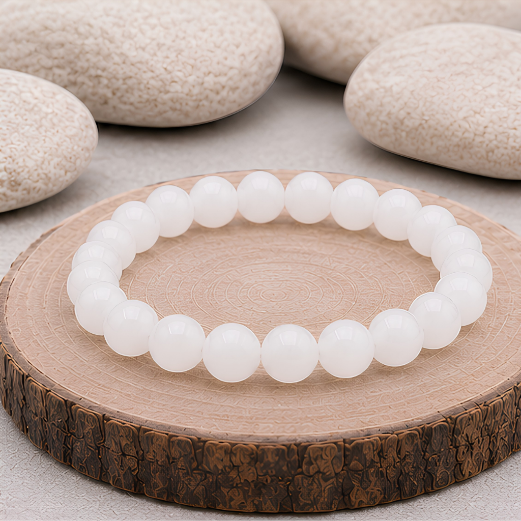 Bracelet en jade blanc naturelle, perles 8 mm, présentation du produit