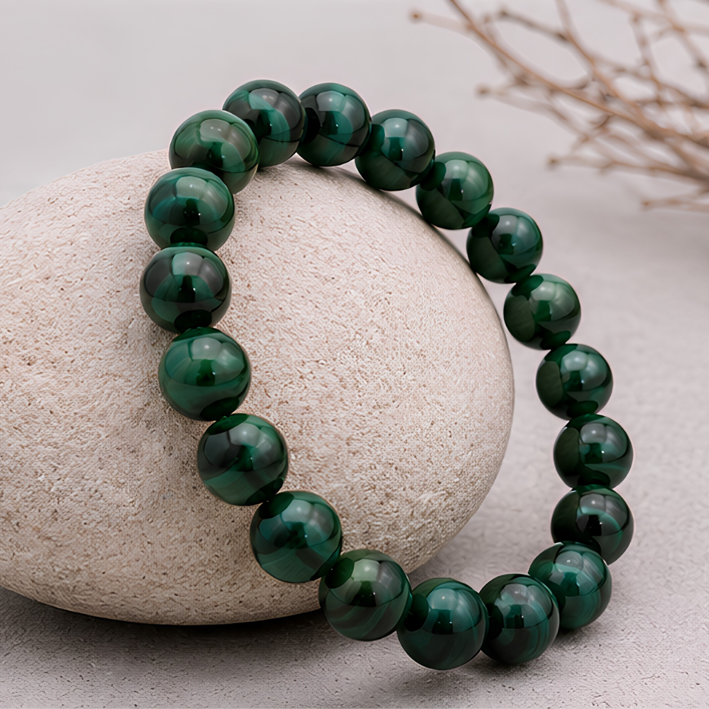 Bracelet en malachite naturelle, perles 8 mm, vue rapprochée