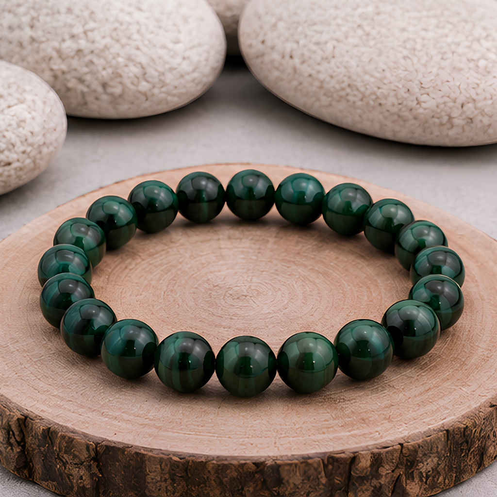 Bracelet en malachite naturelle, perles 8 mm, présentation du produit