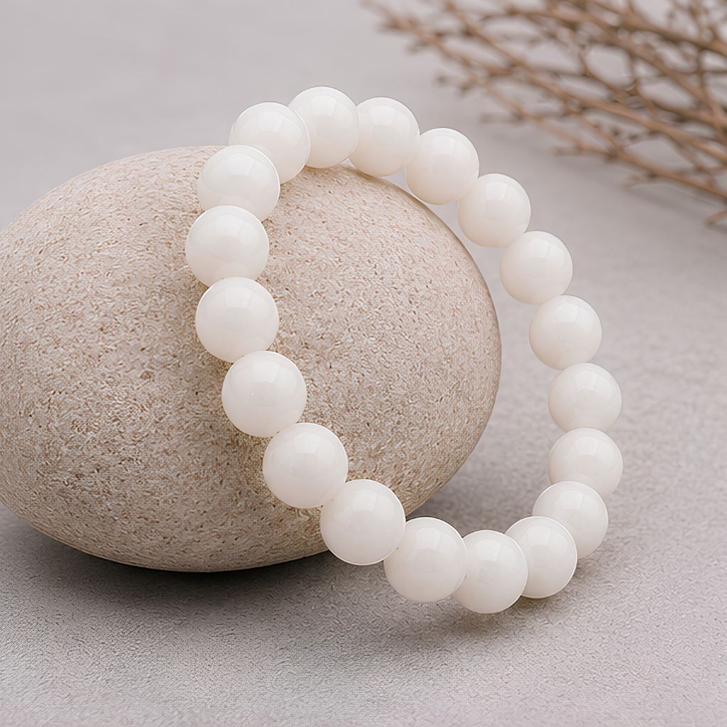 Bracelet en pierre de lune beige naturelle, perles 8 mm, vue rapprochée