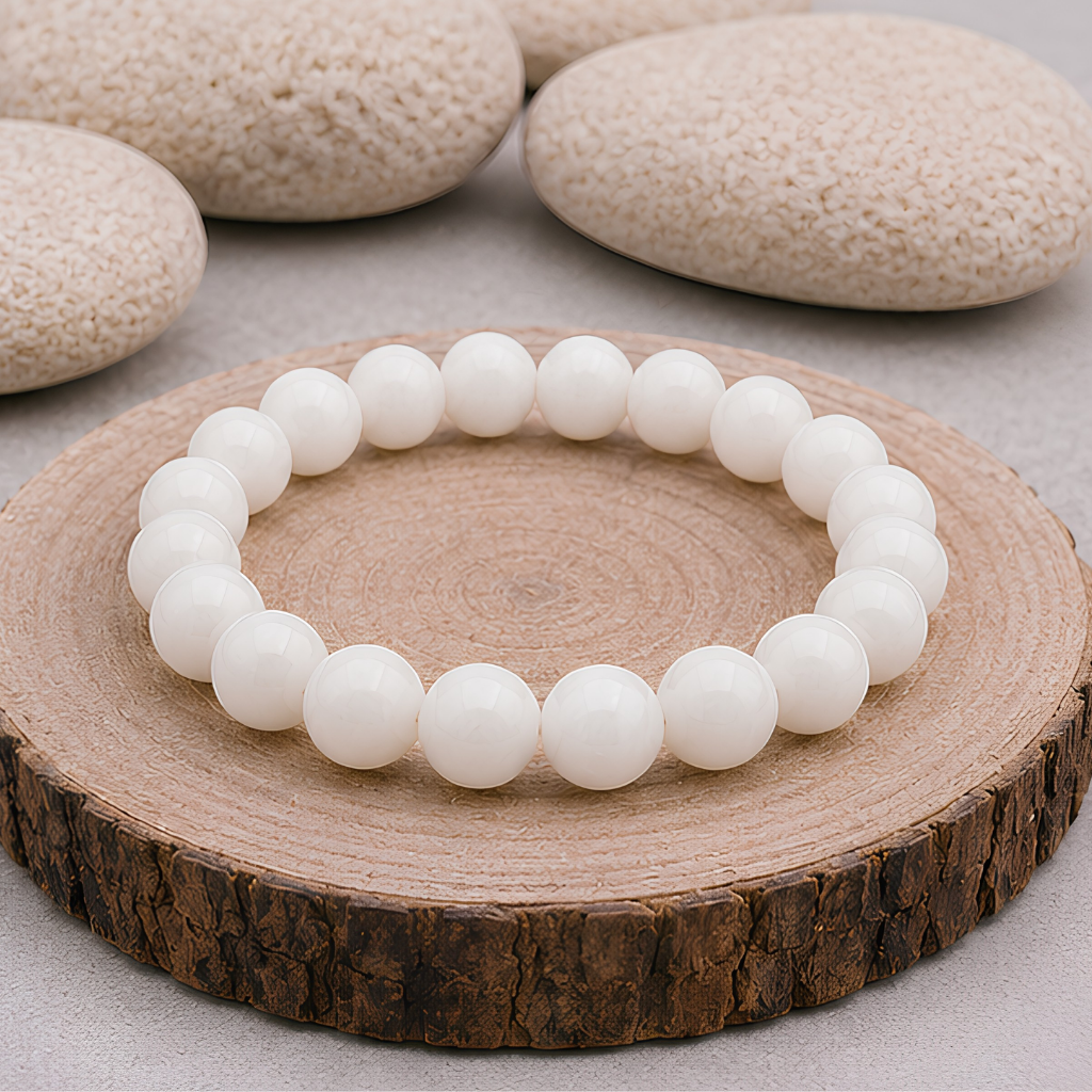 Bracelet en pierre de lune beige naturelle, perles 8 mm, présentation du produit