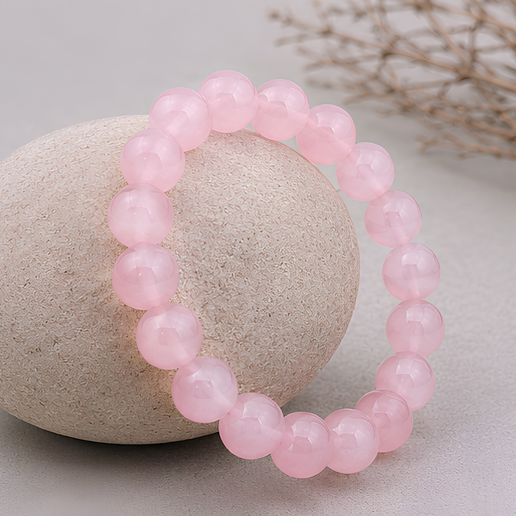 Bracelet en quartz rose naturelle, perles 8 mm, vue rapprochée