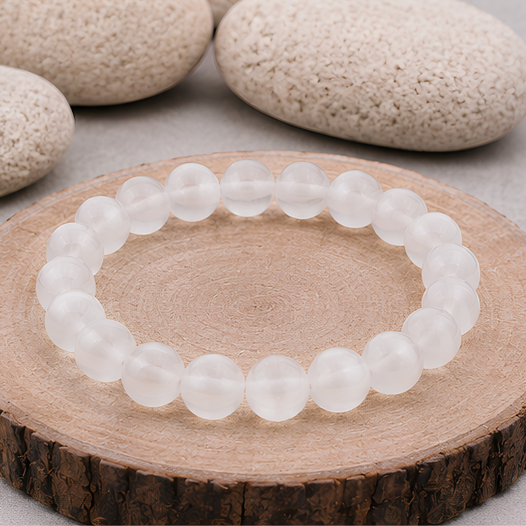 Bracelet en sélénite naturelle, perles 8 mm, présentation du produit