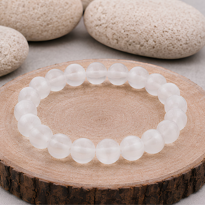 Bracelet en sélénite naturelle, perles 8 mm, présentation du produit