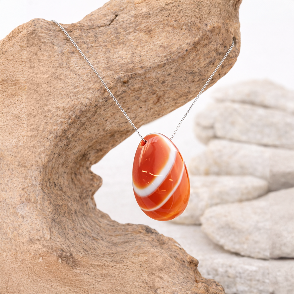 Pendentif pierre percée en Cornaline, qualité AA, pierre de vitalité et de créativité.