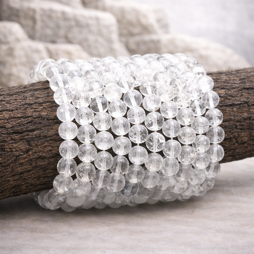 Bracelet perle en Cristal de roche, qualité A, pierre de la clarté et de l'amplification.