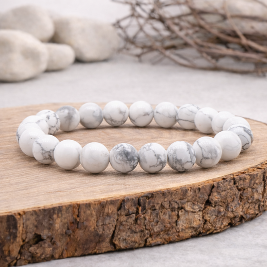 Bracelet perle en Howlite blanche, qualité A, pierre de calme et de sagesse.