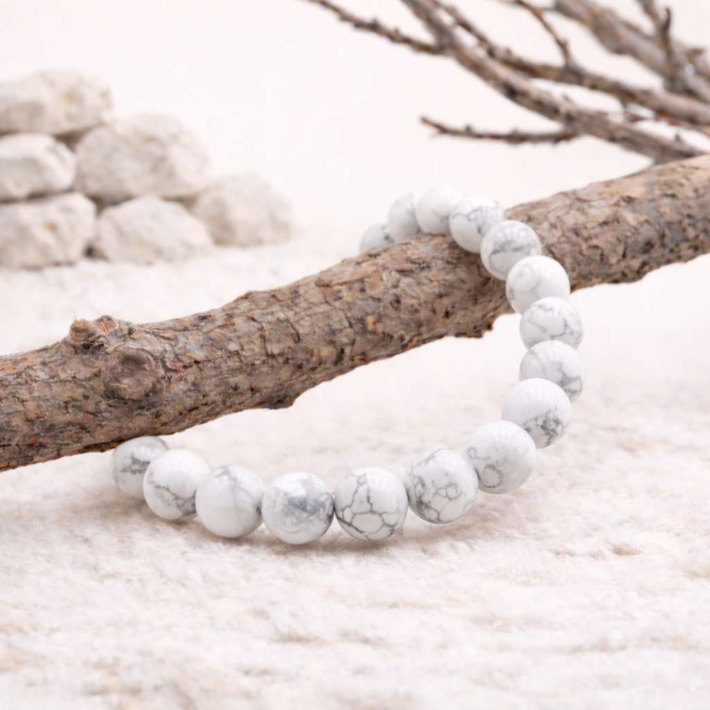 Bracelet perle en Howlite blanche, qualité A, pierre de calme et de sagesse.