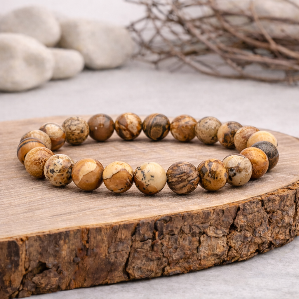 Bracelet perle en jaspe paysage, qualité A, pierre d'ancrage et de connexion à la nature.