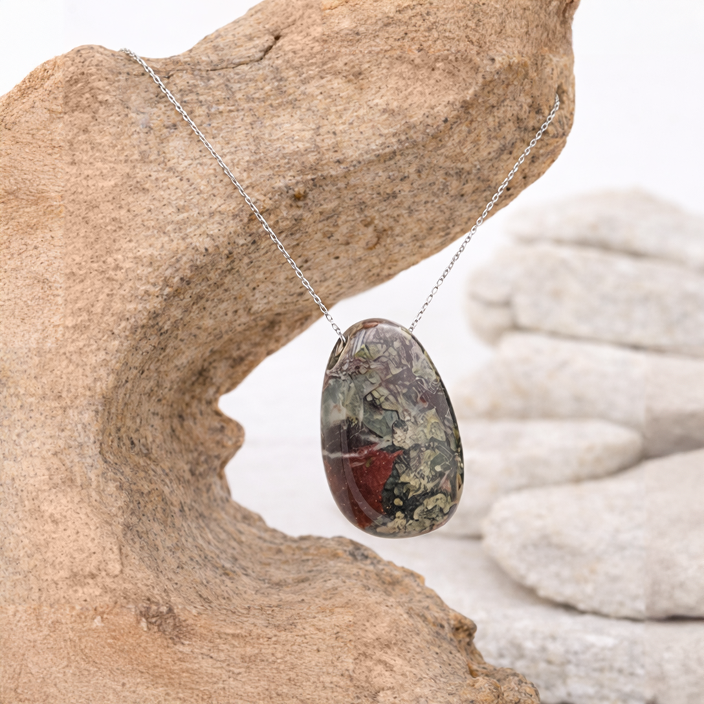 Pendentif pierre percée en Jaspe sang de dragon, qualité A+, pierre de force et de courage.