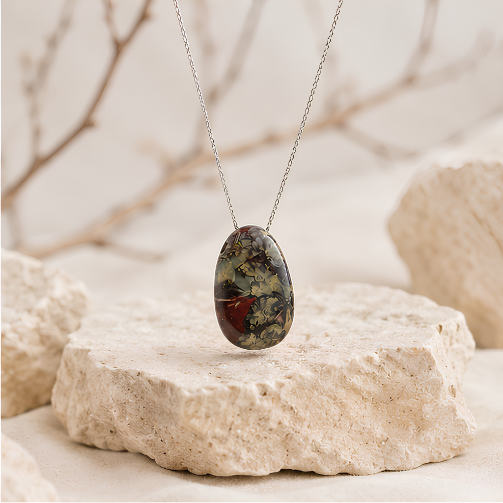 Pendentif pierre percee jaspe sang de dragon, autre vue