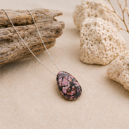 Pendentif en pierre percée de rhodonite naturelle, vue rapprochée